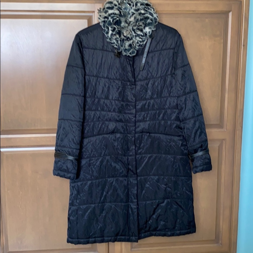 Down coat with rabbit fur collar
